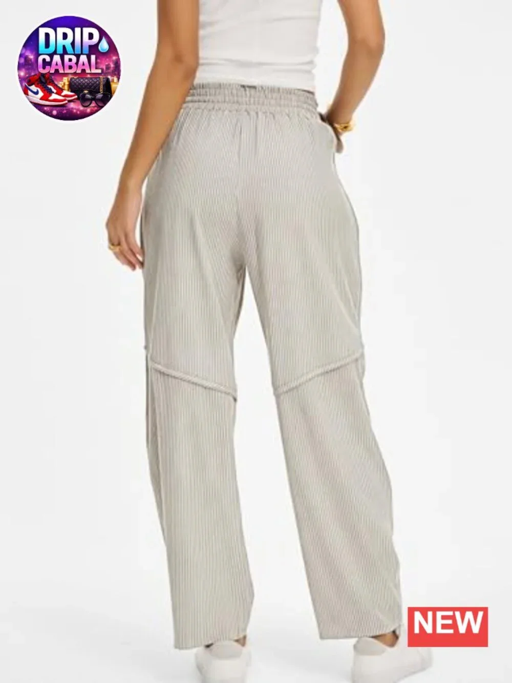 Womens Striped Barrel Casual Pants Elastic Drawstring Baggy Lounge Wide Leg